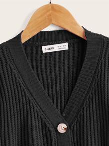 SHEIN 女孩單排釦條紋針織開襟衫 - 黑色 - 查看 4