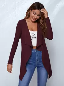 SHEIN LUNE Waffle Knit Waterfall Cardigan - Burgundy - View 1