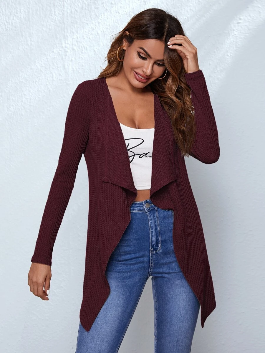 SHEIN LUNE Waffle Knit Waterfall Cardigan - Burgundy - View 1