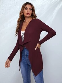 SHEIN LUNE Waffle Knit Waterfall Cardigan - Burgundy - View 3