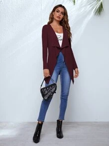 SHEIN LUNE Waffle Knit Waterfall Cardigan - Burgundy - View 5