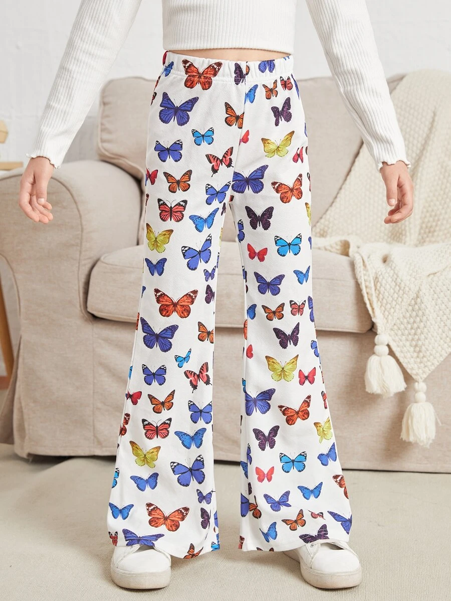 SHEIN Girls Butterfly Print Flare Leg Trousers - Multicolor - View 1