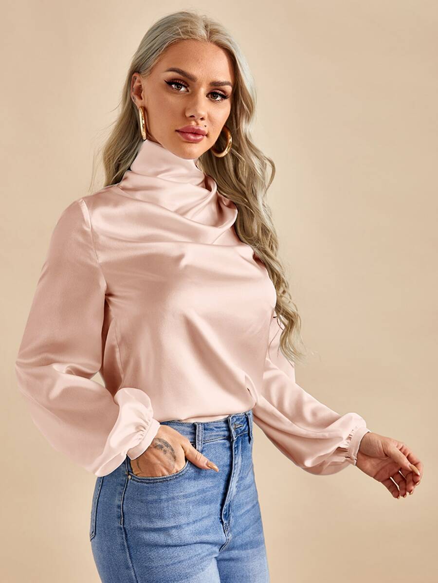 SHEIN Privé Bishop Sleeve Satin Top - Dusty Pink - View 1