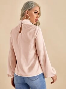 SHEIN Privé Bishop Sleeve Satin Top - Dusty Pink - View 2