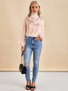 SHEIN Privé Bishop Sleeve Satin Top - Dusty Pink - View 3