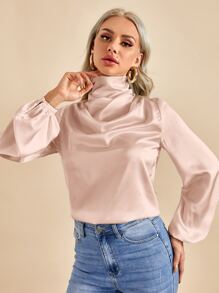 SHEIN Privé Bishop Sleeve Satin Top - Dusty Pink - View 4