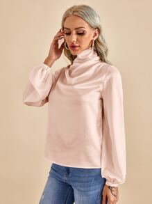 SHEIN Privé Bishop Sleeve Satin Top - Dusty Pink - View 5