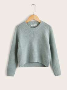 SHEIN Girls High Low Hem Jumper - Mint Green - View 1