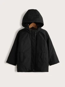 SHEIN Boys Slant Pockets Hooded Coat - Black - View 1