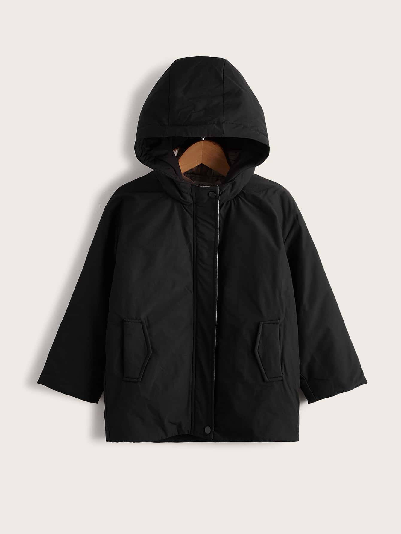 SHEIN Boys Slant Pockets Hooded Coat - Black - View 1