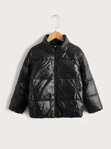 SHEIN Boys Zipper Front Solid Down Coat - Black - View 1