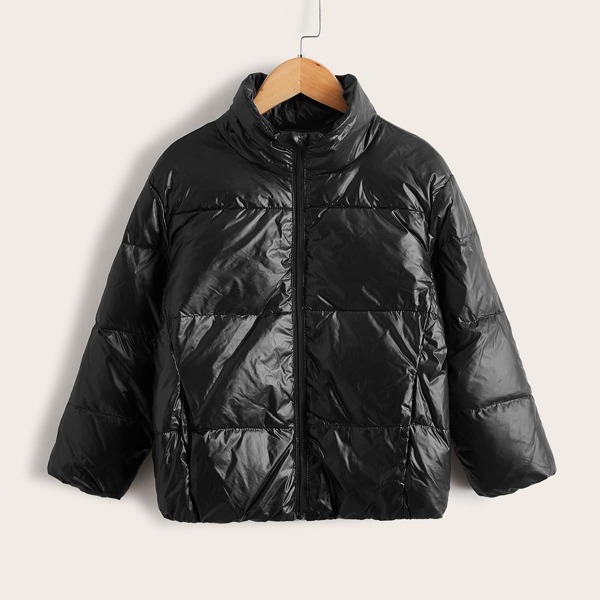 

Boys Zipper Front Solid Down Coat, Black