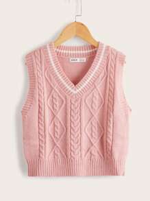 SHEIN Girls Striped Trim Cable Knit Sweater Vest - Baby Pink - View 1