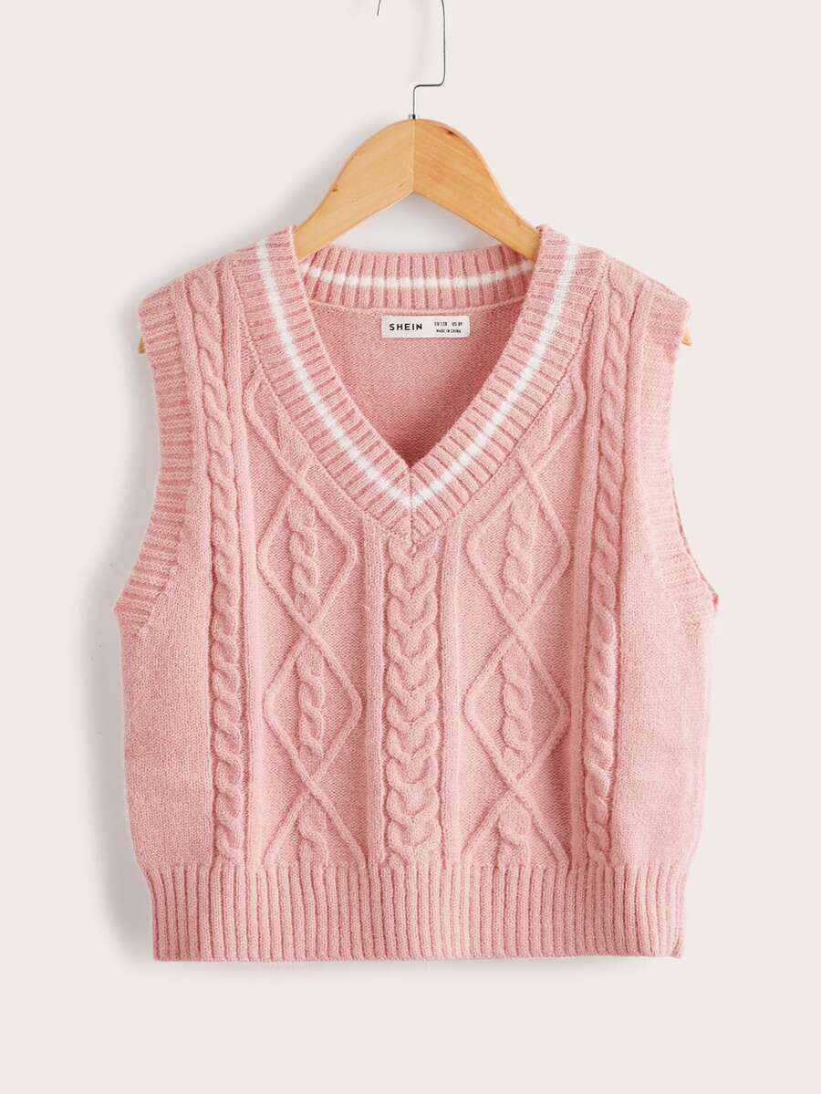 SHEIN Girls Striped Trim Cable Knit Sweater Vest - Baby Pink - View 1