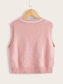 SHEIN Girls Striped Trim Cable Knit Sweater Vest - Baby Pink - View 2
