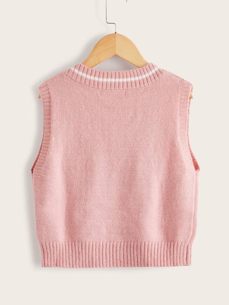 SHEIN Girls Striped Trim Cable Knit Sweater Vest - Baby Pink - View 2