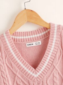 SHEIN Girls Striped Trim Cable Knit Sweater Vest - Baby Pink - View 3