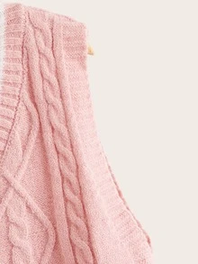 SHEIN Girls Striped Trim Cable Knit Sweater Vest - Baby Pink - View 4