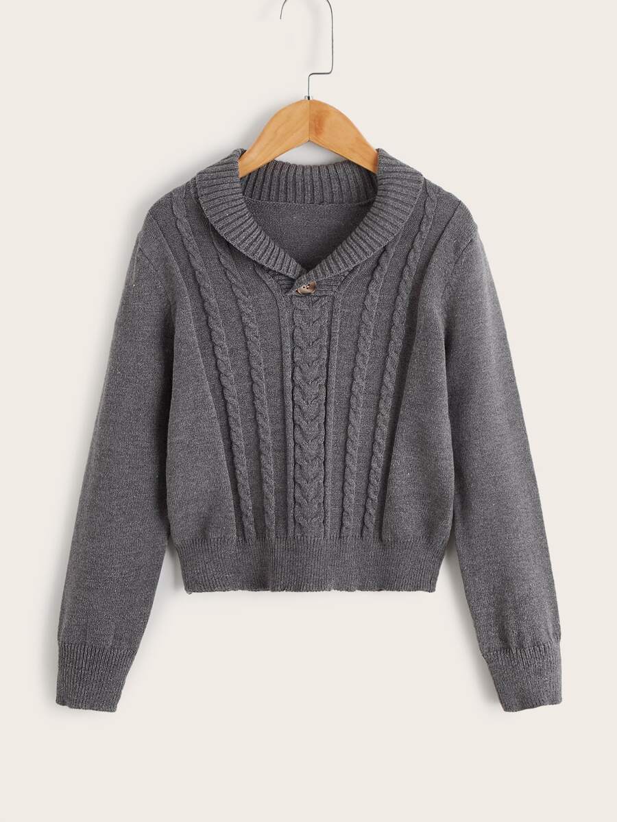 SHEIN Boys Single Button Cable Knit Jumper - Dark Grey - View 1