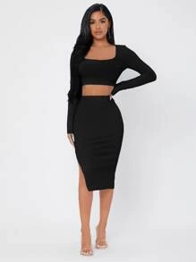 SHEIN PETITE Ribbed Knit Crop Top & High Waist Split Thigh Skirt - Black - View 1