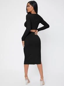 SHEIN PETITE Ribbed Knit Crop Top & High Waist Split Thigh Skirt - Black - View 2