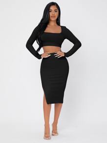 SHEIN PETITE Ribbed Knit Crop Top & High Waist Split Thigh Skirt - Black - View 3