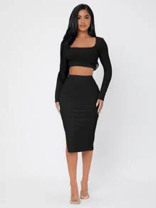 SHEIN PETITE Ribbed Knit Crop Top & High Waist Split Thigh Skirt - Black - View 4