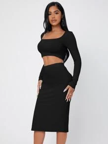SHEIN PETITE Ribbed Knit Crop Top & High Waist Split Thigh Skirt - Black - View 5