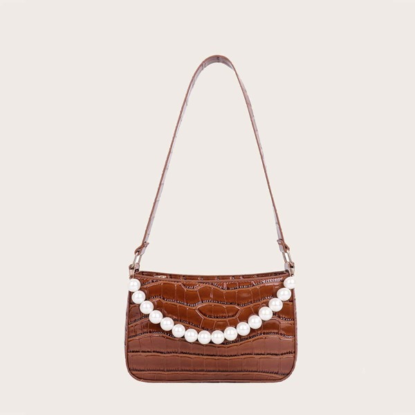 

Girls Faux Pearl Decor Crocodile Embossed Square Bag, Brown