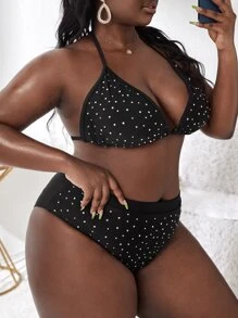 Plus Size Rhinestone Studded Bikini Set Summer Beach - Black - View 1