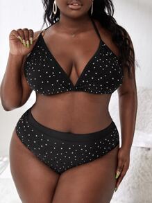 Plus Size Rhinestone Studded Bikini Set Summer Beach - Black - View 3