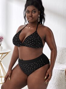 Plus Size Rhinestone Studded Bikini Set Summer Beach - Black - View 4