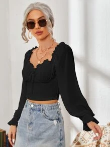 SHEIN Frenchy Áo nữ viền lá sen Xù Thắt nơ trước Nếp gấp Phần Ngực màu trơn Giải trí - màu đen - Xem 4