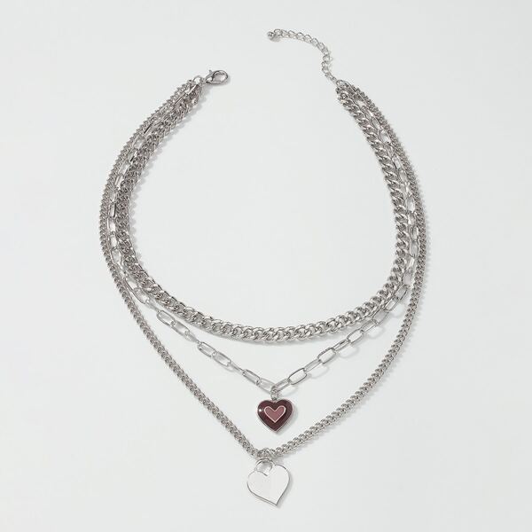 

Heart Pendant Layered Necklace, Silver