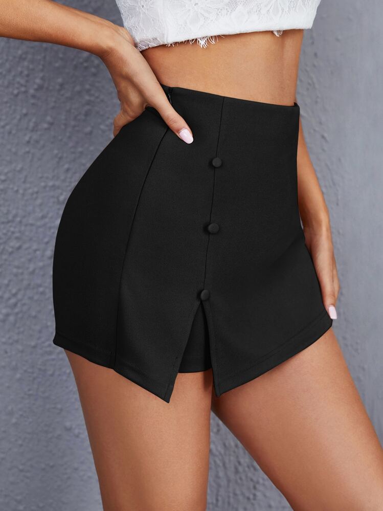 SHEIN Essnce 素色紐扣細節下擺開叉裙褲 - 黑色 - 查看 3