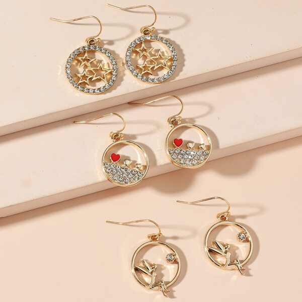 

3pairs Rhinestone Decor Drop Earrings, Gold