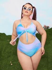 Plus Tie Dye Cut-out One Piece Swimsuit - Multicolor - View 1