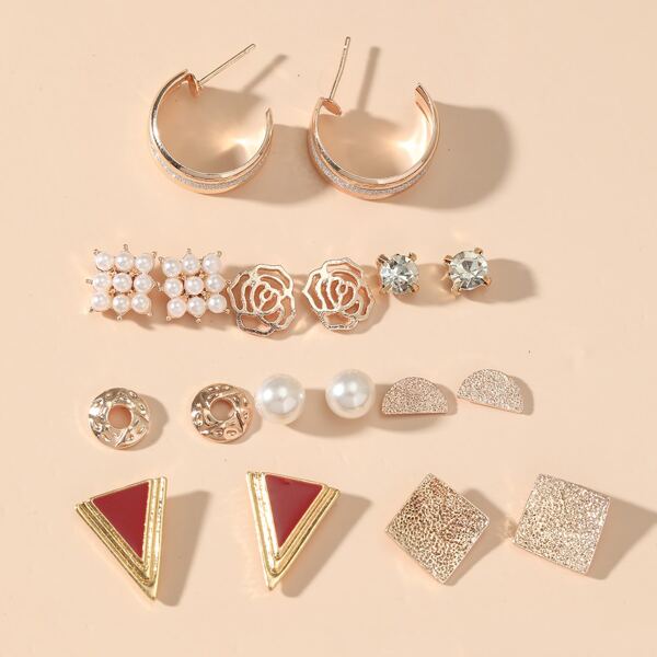 

9pairs Faux Pearl Decor Earrings, Gold