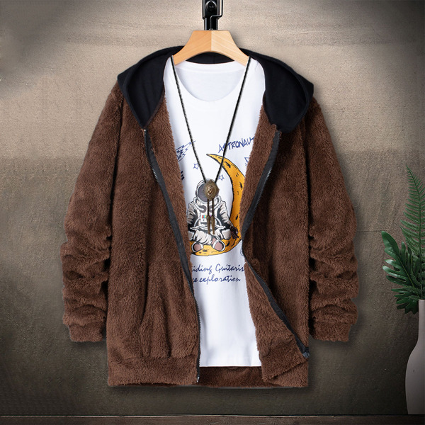 

Men Color Block Zipper Teddy Jacket Without Tee, Coffee brown