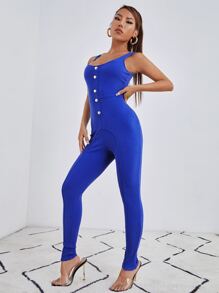 SHEIN SXY Jumpsuit unitard tejido de canalé con diseño de botón - Azul - Ver 3