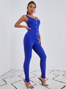 SHEIN SXY Jumpsuit unitard tejido de canalé con diseño de botón - Azul - Ver 6