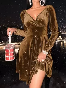 SHEIN SXY Women Dresses Membungkus Plain Glamor - Coklat - View 1