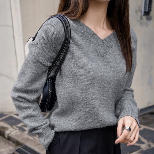 

V Neck Drop Shoulder Sweater, Grey