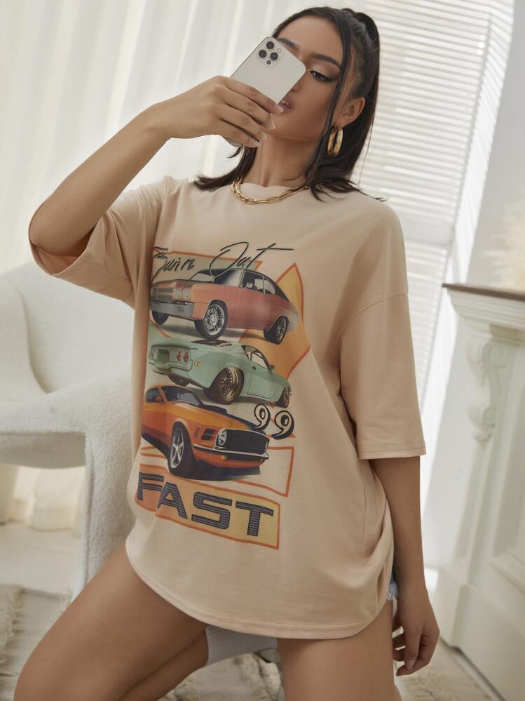 Cartoon Graphic Drop Shoulder Tee - Apricot - View 1