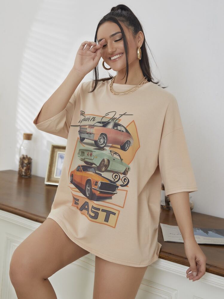 Cartoon Graphic Drop Shoulder Tee - Apricot - View 3