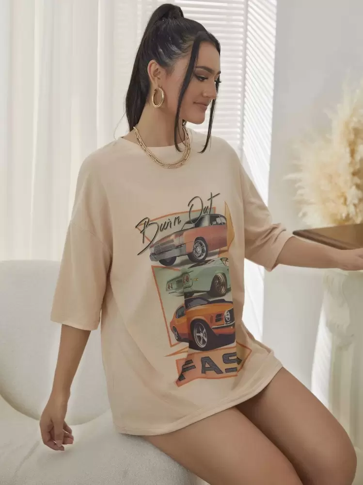 Cartoon Graphic Drop Shoulder Tee - Apricot - View 4