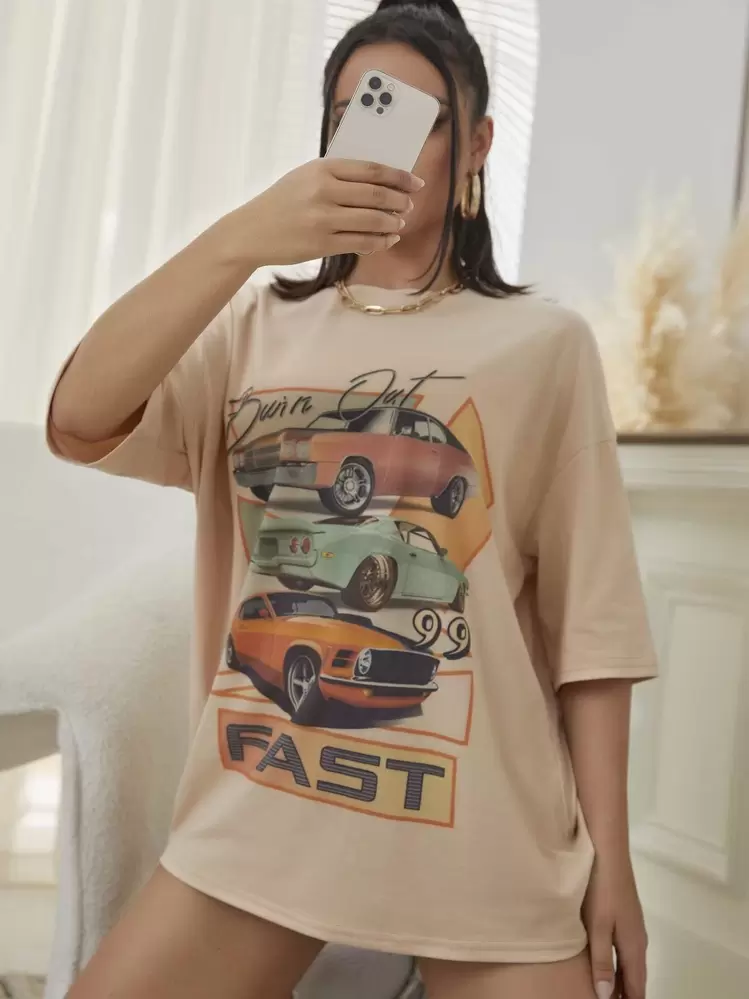 Cartoon Graphic Drop Shoulder Tee - Apricot - View 5