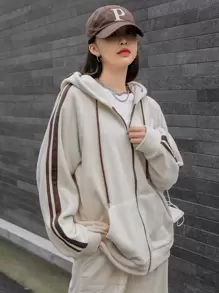 DAZY Striped Side Sleeve Hooded Teddy Jacket,Fall Clothes - Apricot - View 1