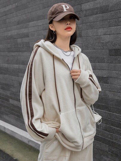 Striped Side Sleeve Hooded Teddy Jacket,Fall Clothes