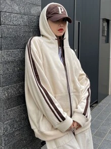 DAZY Striped Side Sleeve Hooded Teddy Jacket,Fall Clothes - Apricot - View 4